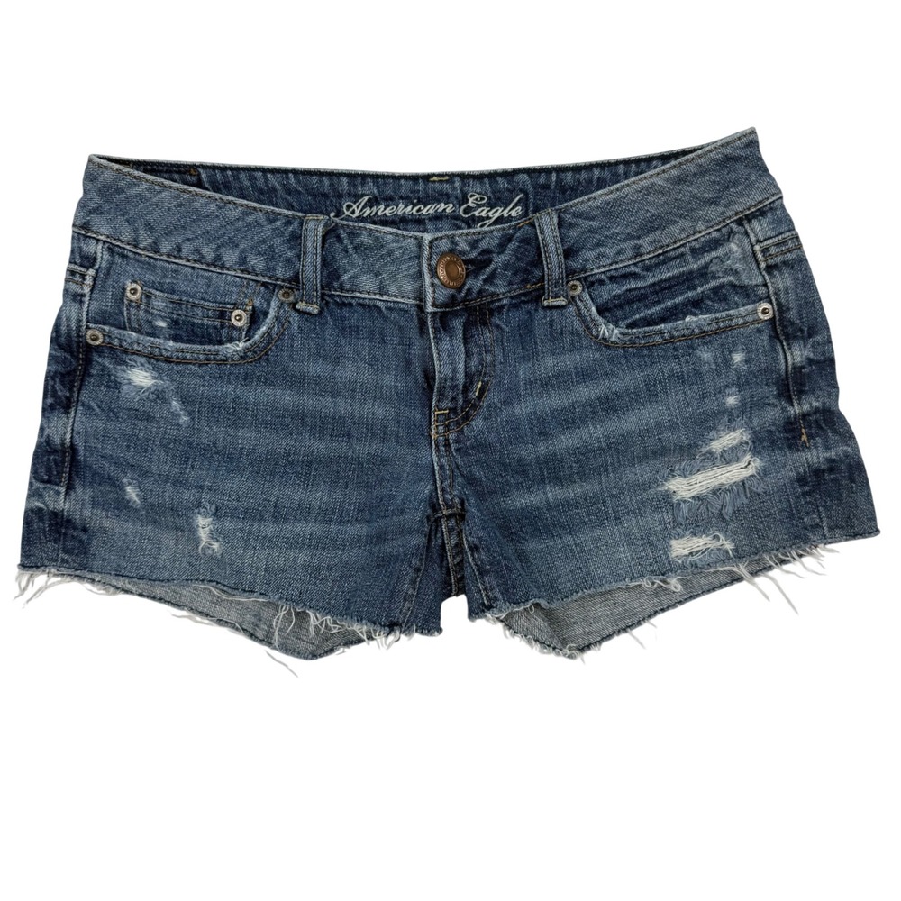 VTG Y2K American Eagle Distressed Denim Micro Mini Shorts Raw Hem Sz 2 Low Rise
